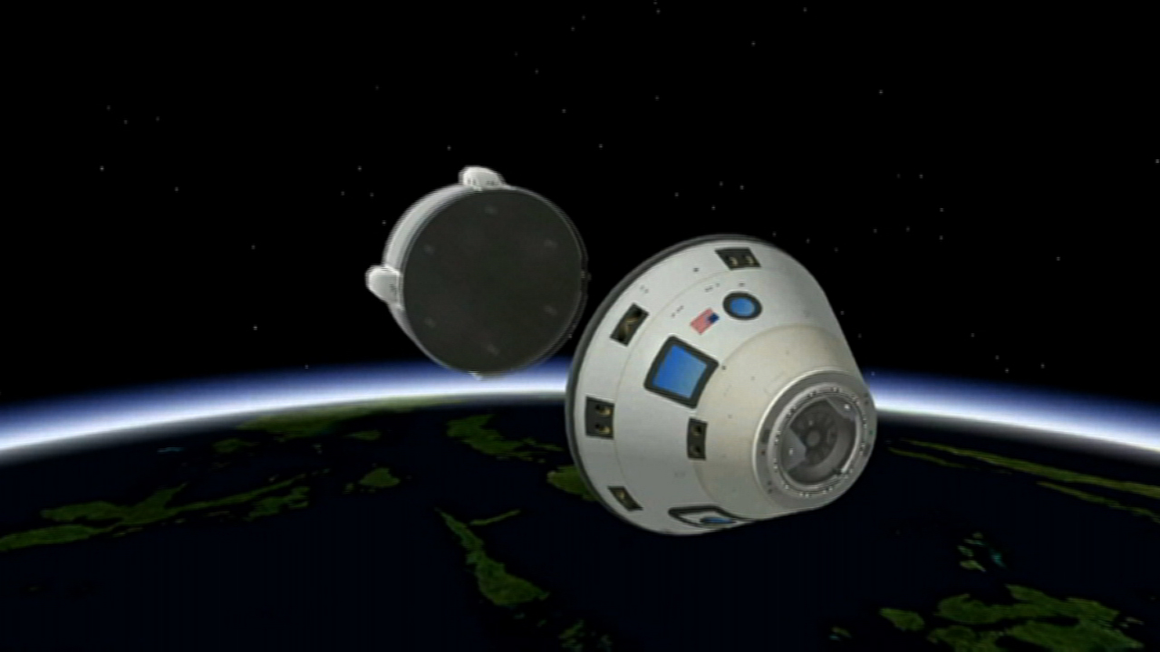 Nell'immagine artistica, la capsula CST-100 sgancia il modulo di servizio prima di rientrare nell'atmosfera. (C) Boeing.