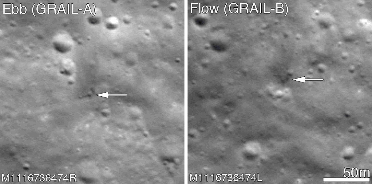 La stessa zona ripresa dopo l'impatto delle sonde GRAIL. (Credit: NASA/GSFC/Arizona State University).