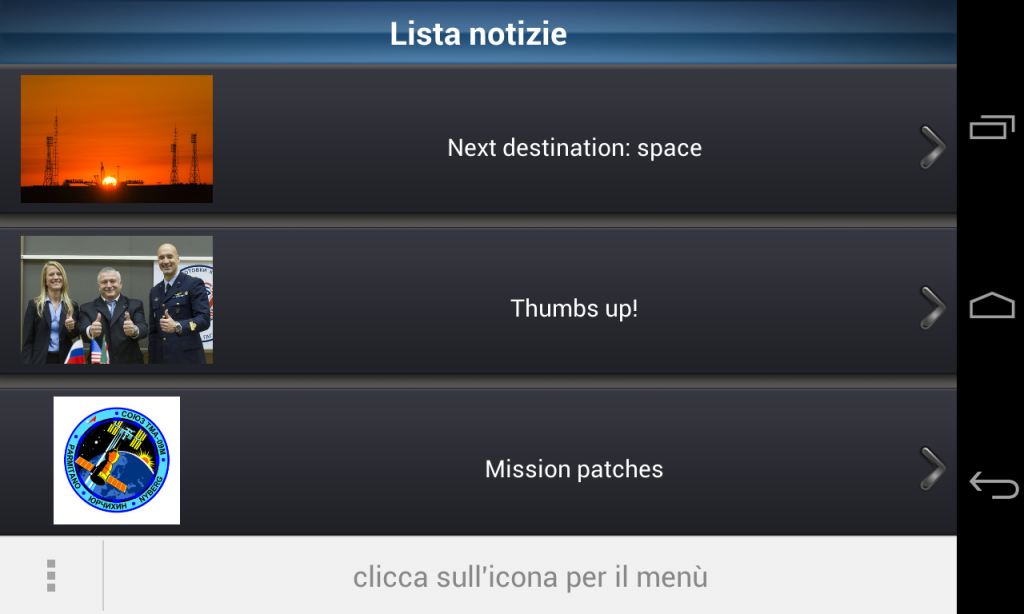 Una schermata dell’applicazione Missione Volare per Android. Fonte: app ASI, schermata acquisita da Paolo Amoroso