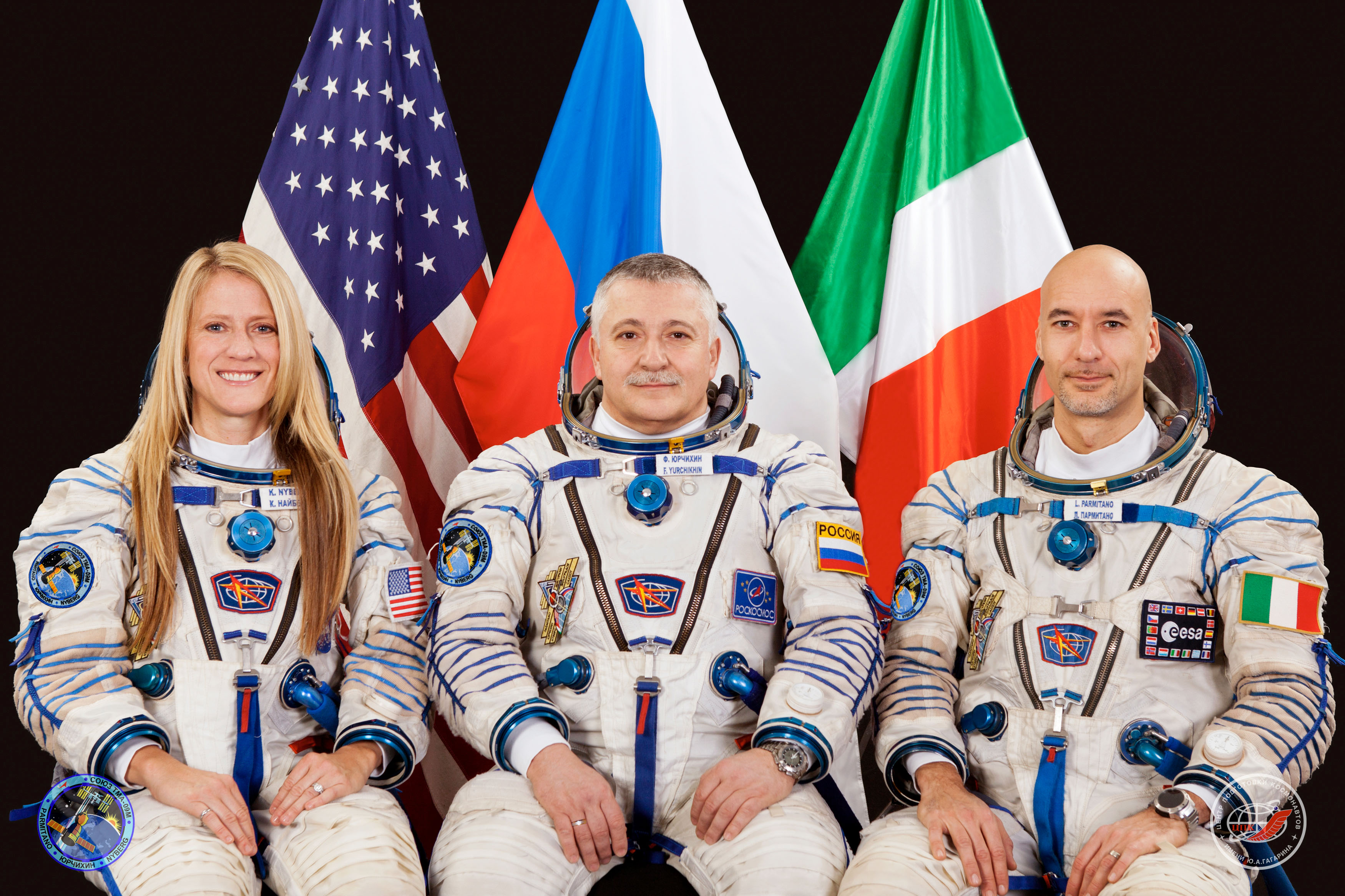 L’equipaggio della Soyuz TMA-09M, Expedition 36/37: Karen Nyberg (NASA), Fyodor Yurchikhin (RKA) e Luca Parmitano (ESA). Fonte: Gagarin Cosmonaut Training Center