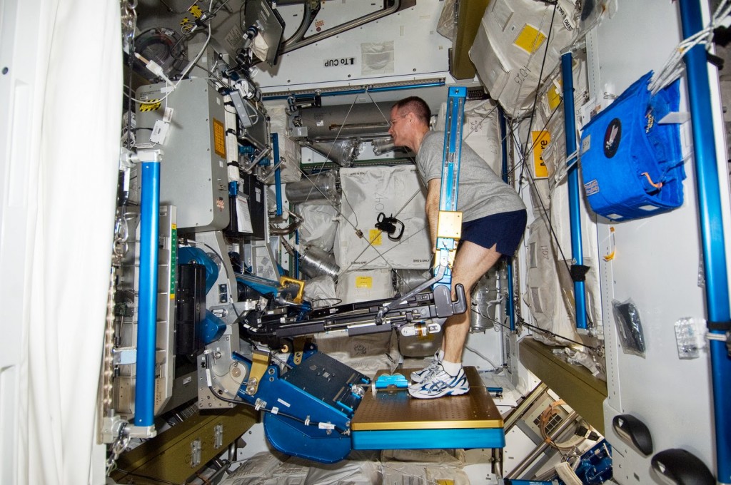 Il cosmonauta Tolya Ivanishin si allena sulla macchina ARED della ISS. Fonte: NASA
