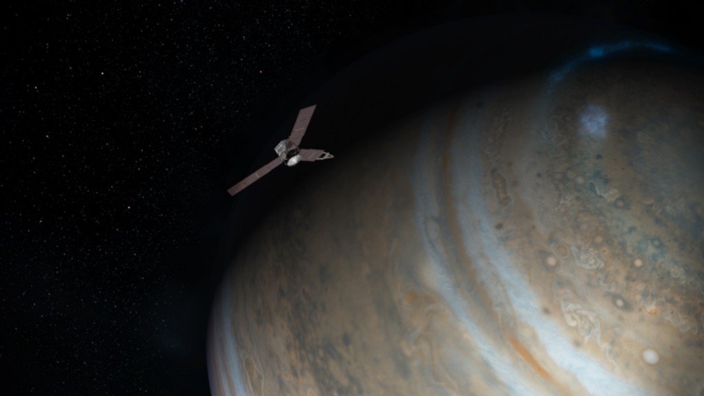 Juno in prossimità di uno dei poi gioviani. Image credit: NASA/JPL-Caltech