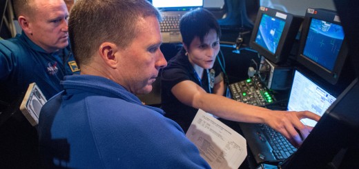 Expedition 42/43 crew members Samantha Cristoforetti, Barry Wilmore, Terry Virts during FF T&C/R Mini Sim 1 in the SES Alpha Cupola trainer. Credit: Lauren Harnett