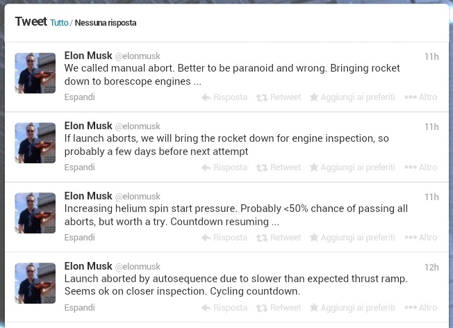 I tweet di @elonmusk a commento del tentativo di lancio del 28 novembre.