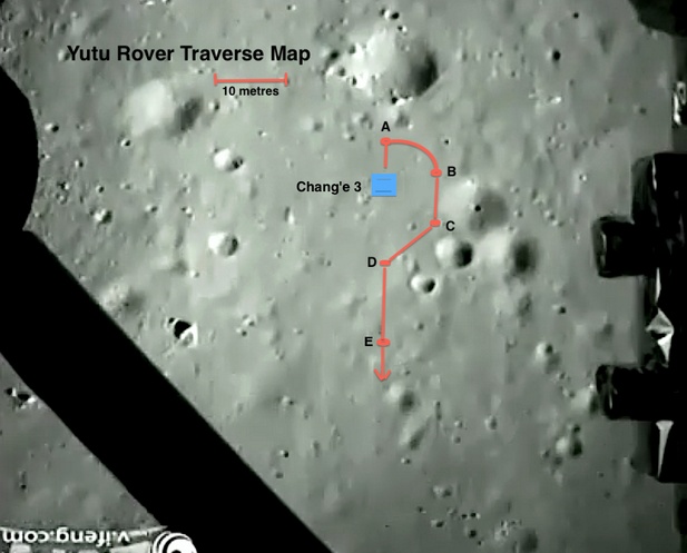 Gli spostamenti del rover Yutu unei primi giorni dopo l'allunaggio. Credit: @SpaceAlmanac.