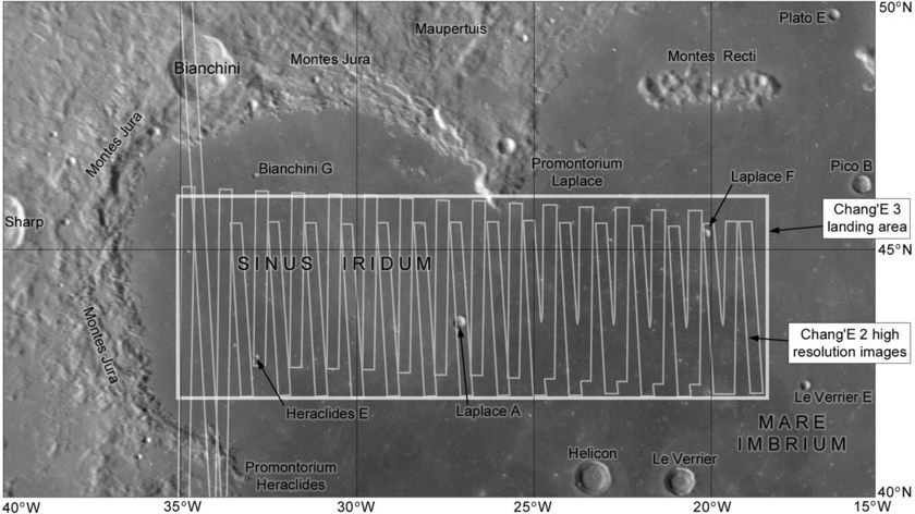 L'area di allunaggio prevista per Chang'e 3, in una immagine scattata dalla sonda Chang'e 2. Credit: NASA/JPL/ASU/Phil Stooke.