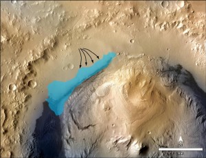 Illustrazione della possibile estensione del lago una volta presente nel cratere Gale. (c) NASA/JPL-Caltech/MSSS