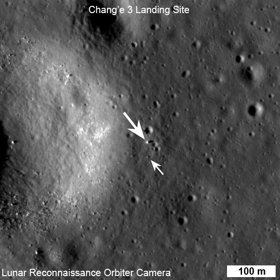 Il sito di atterraggi di Chang'e 3 riprso dalla sonda LRO. Credit: NASA/GSFC/Arizona State University.