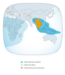 la "footprint" delle aree coperte dalle trasmissioni di Thaicom 6. (c) Orbital Science Co.