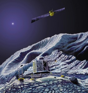 Rappresentazione artistica di Rosetta in orbita intorno alla cometa e il lander Philae sulla superficie. (c) Astrium - E. Viktor