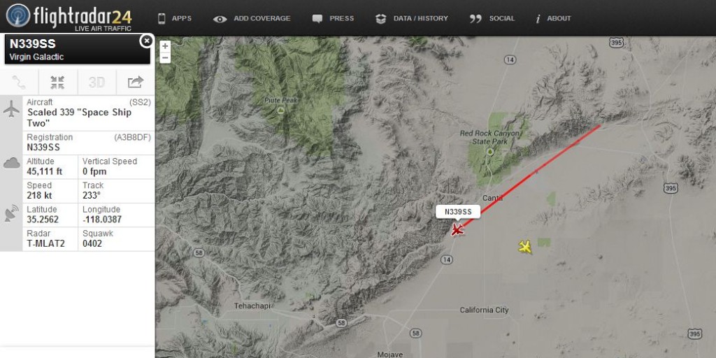 Dal sito Flightradar24.com, il percorso dello SpaceShipTwo (numero di registrazione N339SS)  dal momento dell'accensione del trasponder al momento dell'incidente il 31/10/2014. Image credit: Flightradar24.com.