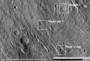 Beagle 2 e gli altri componenti ritrovati. Credit: University of Leicester/ Beagle 2/NASA/JPL/University of Arizona