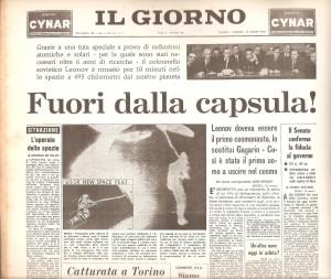 La prima pagina de Il Giorno del 19 marzo 1965 con l'unica foto pubblica disponibile dell'EVA di Leonov. Credits: Gianluca Atti
