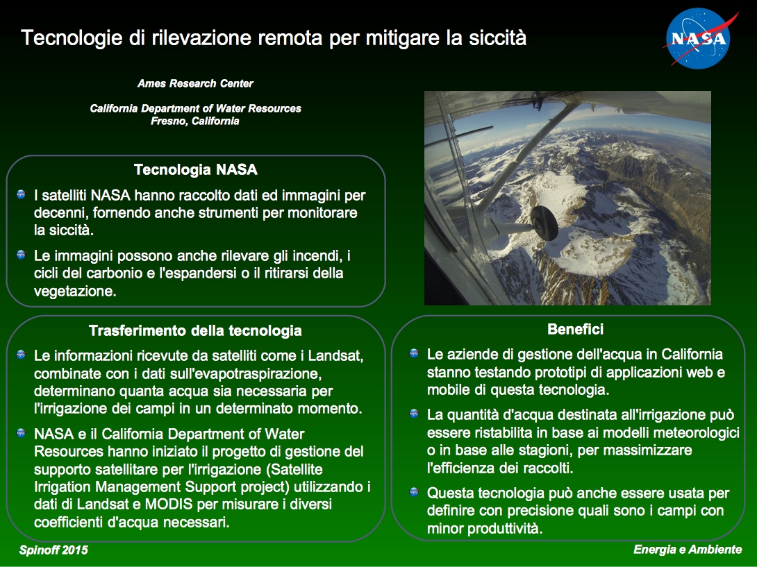 Tecnologie di rilevazione remota per mitigare la siccità Tecnologie di rilevazione remota per mitigare la siccità © NASA / Veronica Remondini