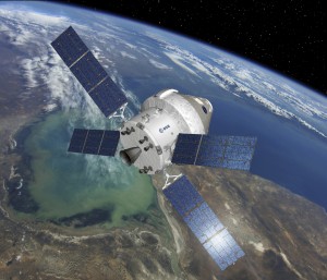 Un rendering artistico di Orion con in evidenza il modulo di servizio e i suoi caratteristici pannelli solari Credits: ESA