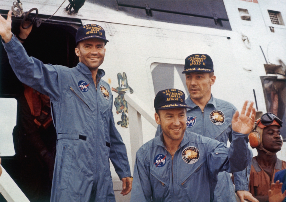 The safe return of the Apollo 13 astronauts after their lunar landing mission encountered technical difficulties, 17th April 1970. From left to right, Lunar Module pilot Fred W. Haise, Mission Commander James A. Lovell and Command Module pilot John L. Swigert (1931 - 1982). (Photo by Space Frontiers/Getty Images)