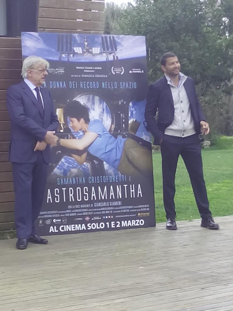 Giancarlo Giannini e Gianluca Cerasola, voce narrante e regista del film "Astrosamantha - la donna dei record nello spazio" presso la Casa del Cinema di Roma il 16.02.2016 © Veronica Remondini