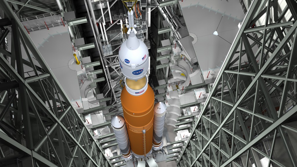 Artistit concept dell'integrazione di Orion-SLS (Credits: Nasa)