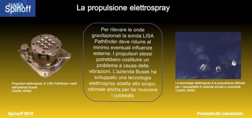 Il propulsore di LISA Pathfinder a sinistra, riassunto del testo al centro e immagine dallo spazio con tre cubesats in volo libero a destra.