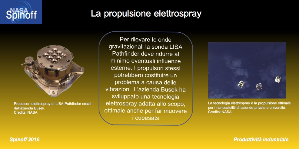 Il propulsore di LISA Pathfinder a sinistra, riassunto del testo al centro e immagine dallo spazio con tre cubesats in volo libero a destra.