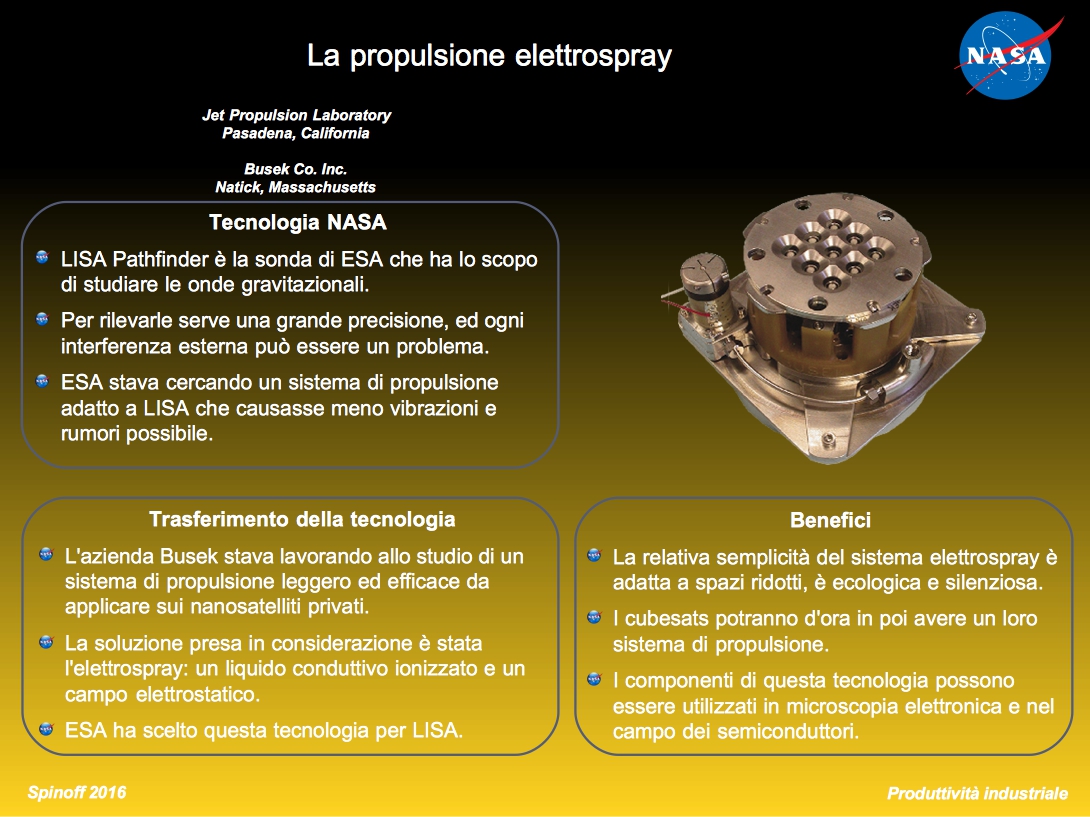 Riassunto del testo suddiviso in tre sezioni con tre punti ognuna: Tecnologia NASA , Trasferimento tecnologico e benefici.