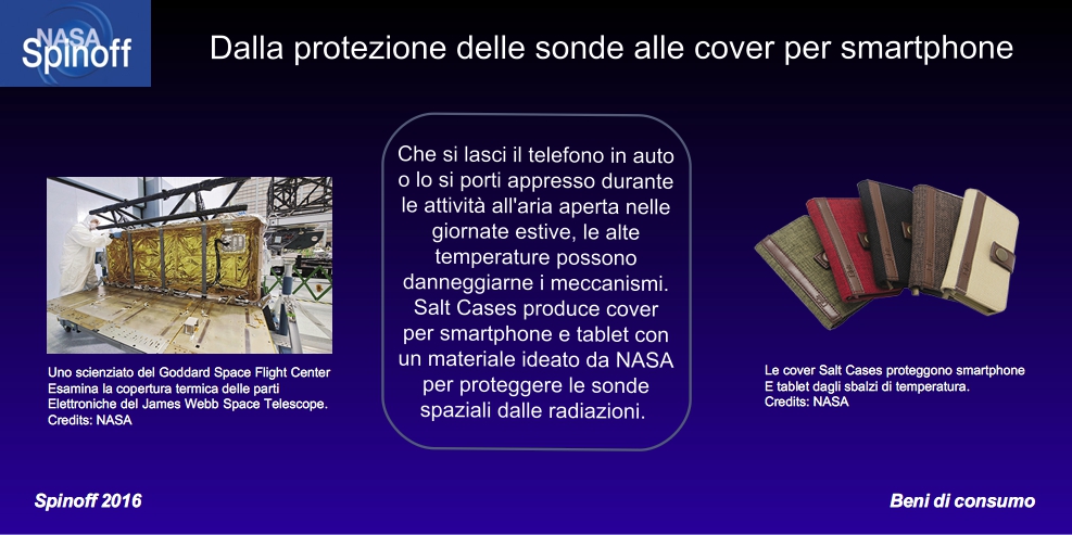 Immagine della copertura termica del James Webb Space Telescope a sinistra, breve sunto al centro e immagine delle cover Salt Cases a destra