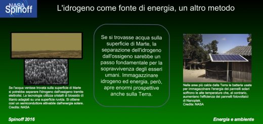 Immagine di Marte e di cristalli di biossido di titanio a sinistra, breve sunto al centro e immagine di un pannello fotovoltaico di Nanoptek sulla destra.