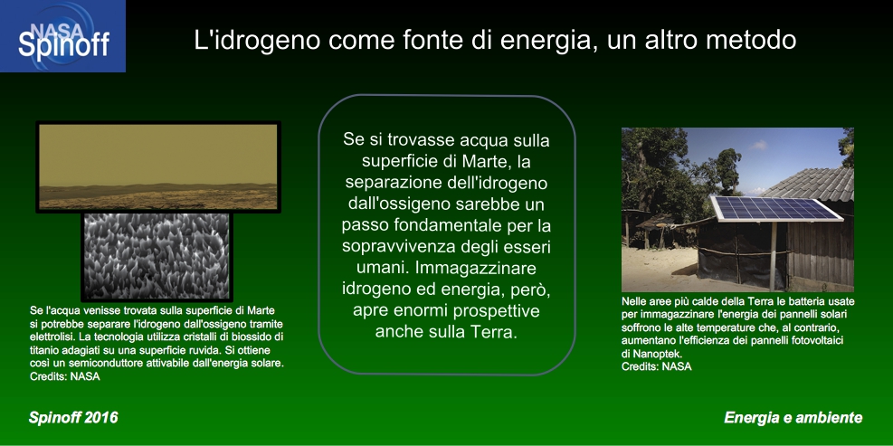 Immagine di Marte e di cristalli di biossido di titanio a sinistra, breve sunto al centro e immagine di un pannello fotovoltaico di Nanoptek sulla destra.