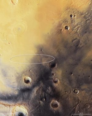 Il sito di atterraggio previsto per Schiaparelli, ripreso da Mars Express. Credits: ESA/DLR/FU Berlin (CC BY-SA 3.0 IGO)