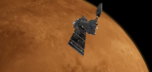 Rappresentazione artistica dell'orbiter TGO di ExoMars nei pressi di Marte. Credits: ESA
