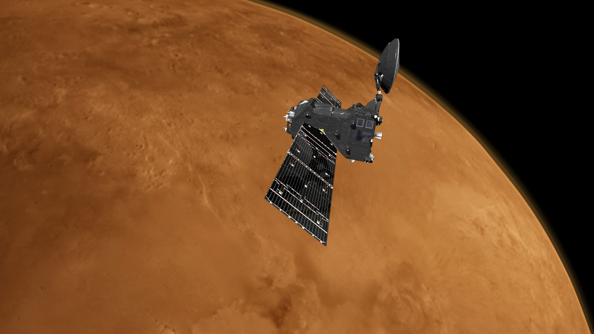 Rappresentazione artistica dell'orbiter TGO di ExoMars nei pressi di Marte. Credits: ESA