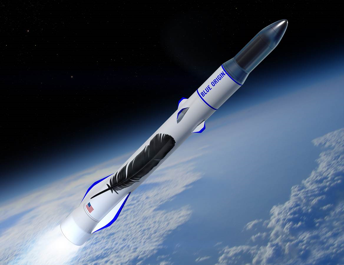 Ricostruzione artistica del New Glenn nella versione a 2 stadi con in evidenza le alette di controllo per il rientro. Credits: Blue Origin