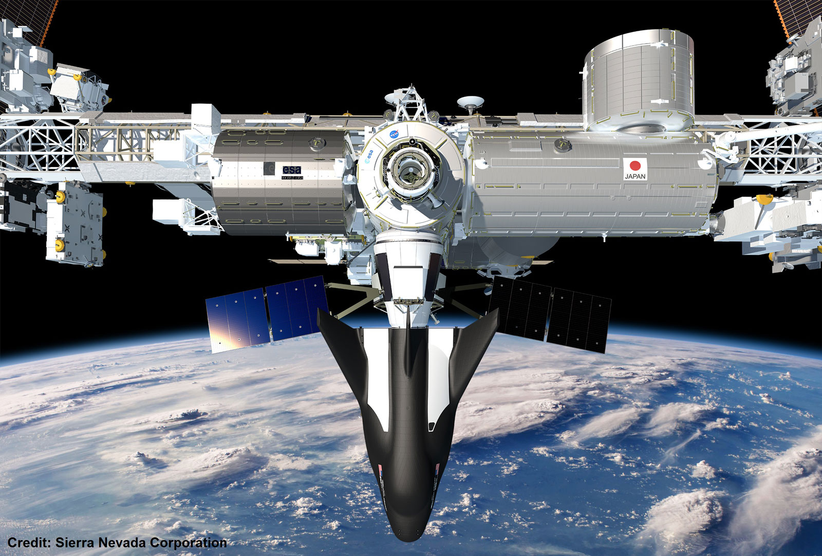 Il Dream Chaser Cargo sulla ISS in una rappresentazione artistica Credits: SNC