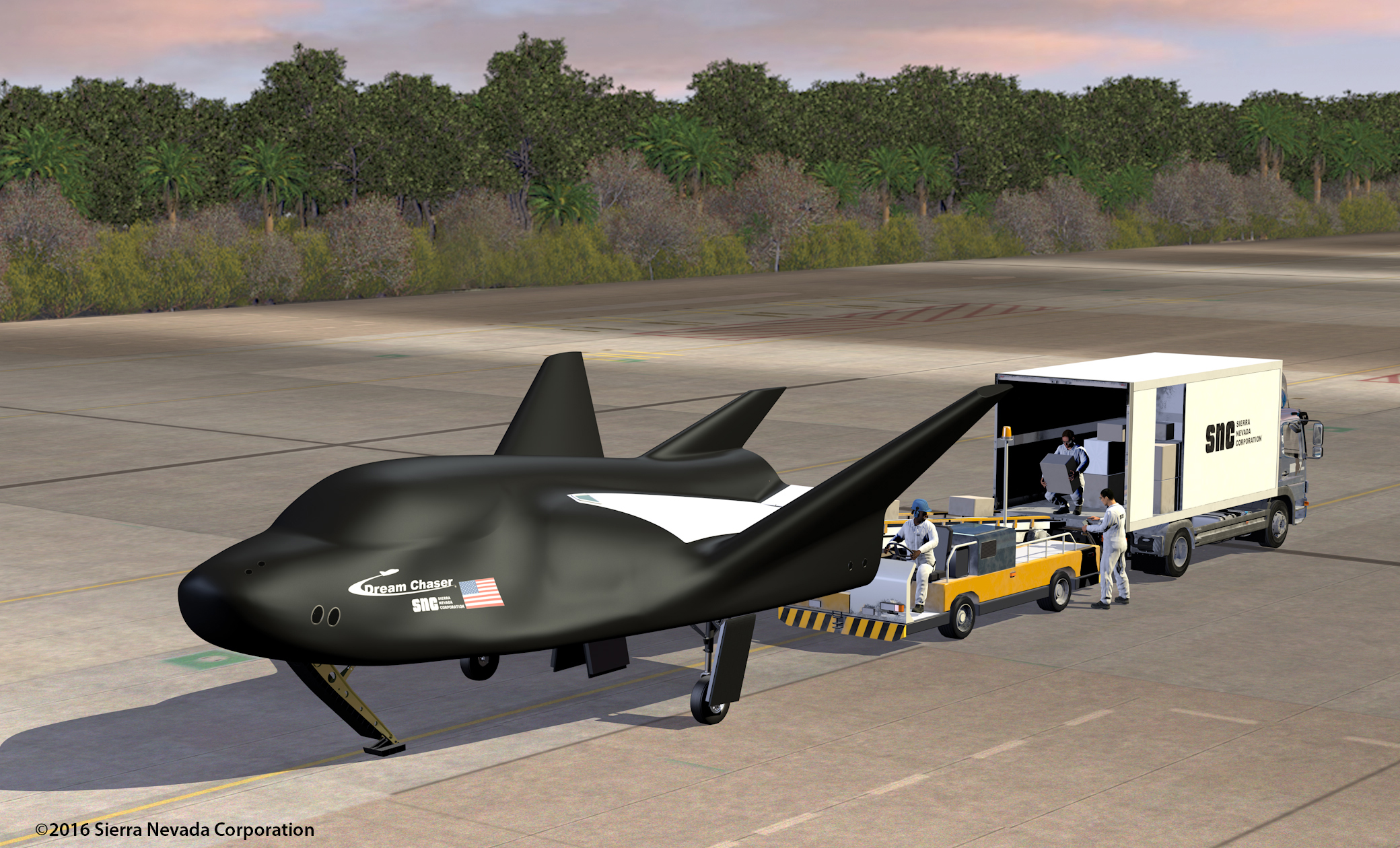 Un rendering raffigurante il Dream Chaser sulla pista di atterraggio. (C) SNC