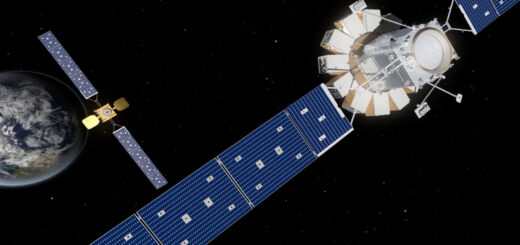Una rappresentazione artistica di MRV e MEP in avvicinamento a un satellite per telecomunicazioni. Credits: Northrop Grumman