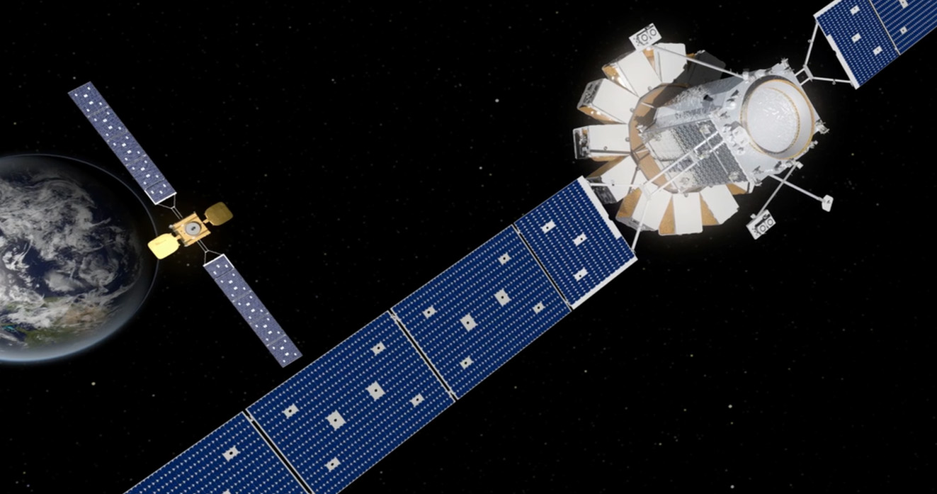 Una rappresentazione artistica di MRV e MEP in avvicinamento a un satellite per telecomunicazioni. Credits: Northrop Grumman