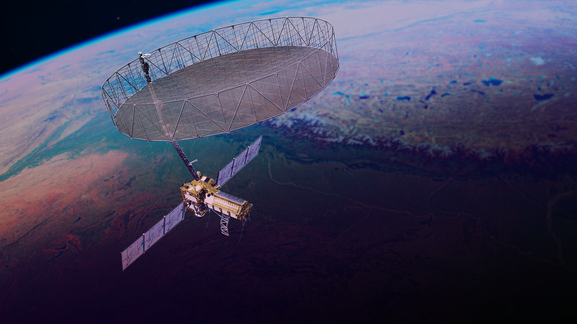 Rappresentazione artistica del riflettore dell'antenna radar di NISAR. Crediti: NASA