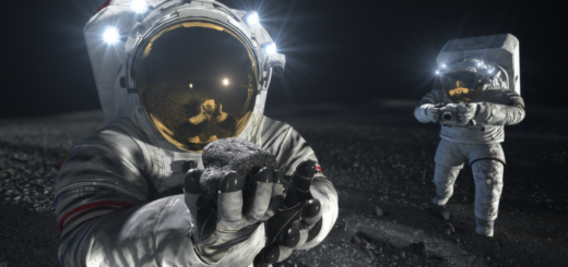 Illustrazione artistica di due membri dell'equipaggio in tuta spaziale al lavoro sulla superficie lunare. Quello in primo piano solleva una roccia per esaminarla, mentre l'altro, sullo sfondo, fotografa il sito di raccolta. Credit: NASA